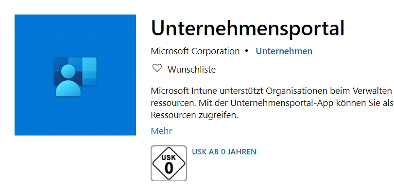 Intune Unternehmensportal Windows 10 App Store