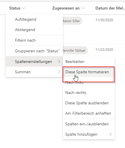 Spalteneinstellungen-Lists