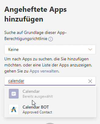 Microsoft Teams Kalender fehlt App-hinzufügen-Teams