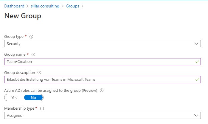 Teams Erstellung einschränken Microsoft-Teams-Sicherheitsgruppe