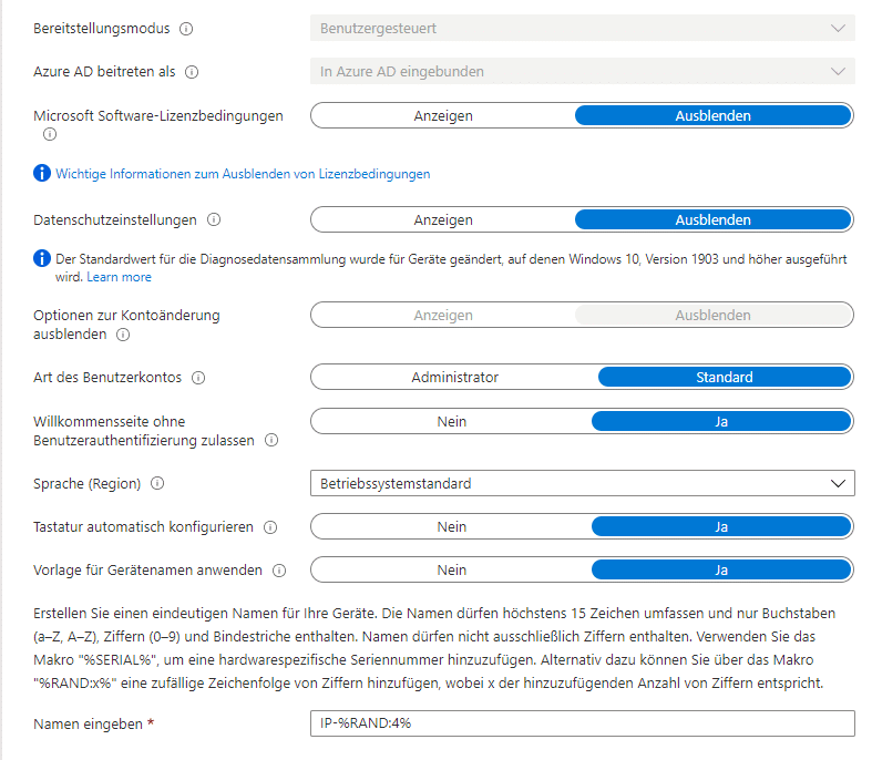 Einstellungsmöglichkeiten beim AutoPilot Profil im Intune