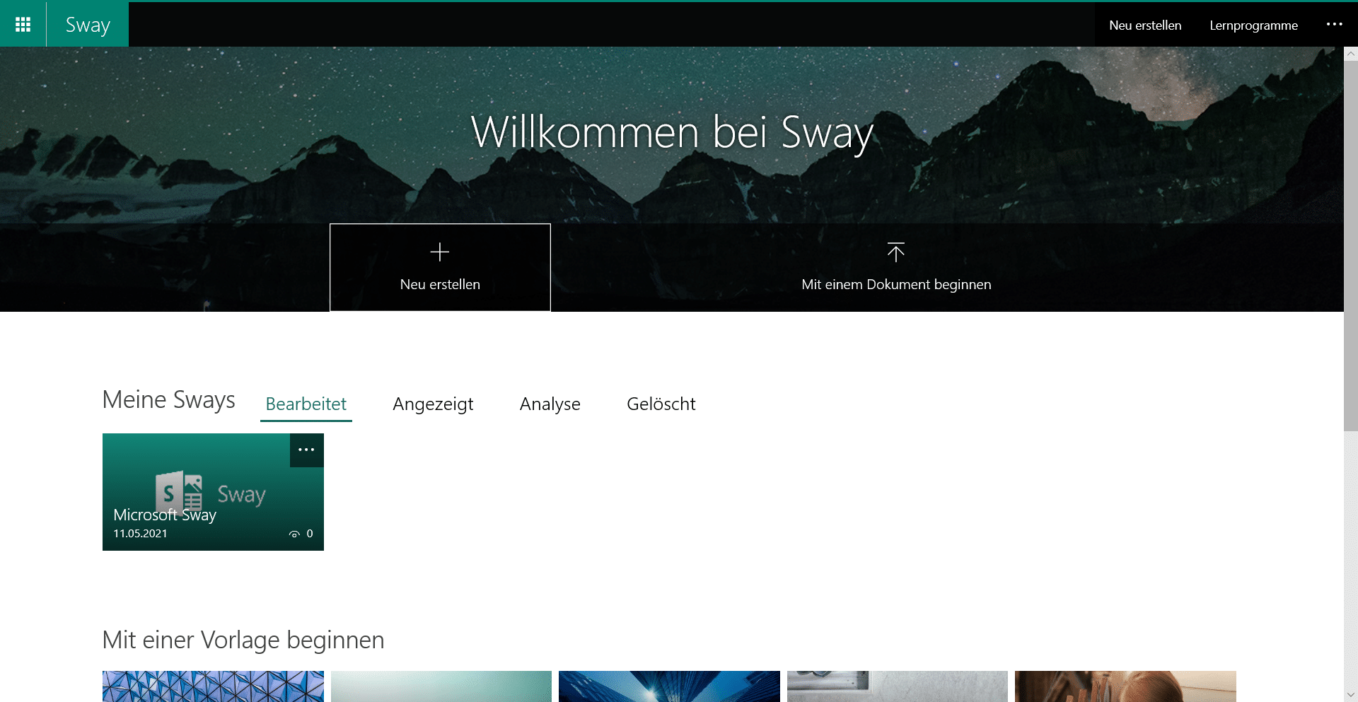 Microsoft Sway Dashboard der Webversion