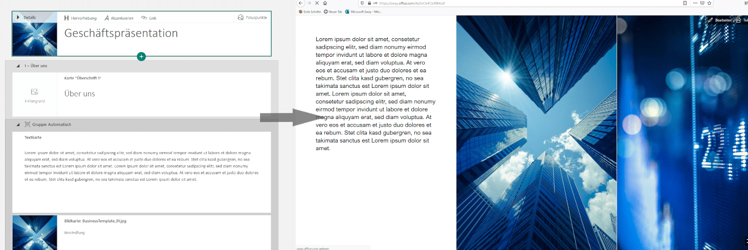 Transformation der Microsoft Sway Vorlage zu einer Präsentation