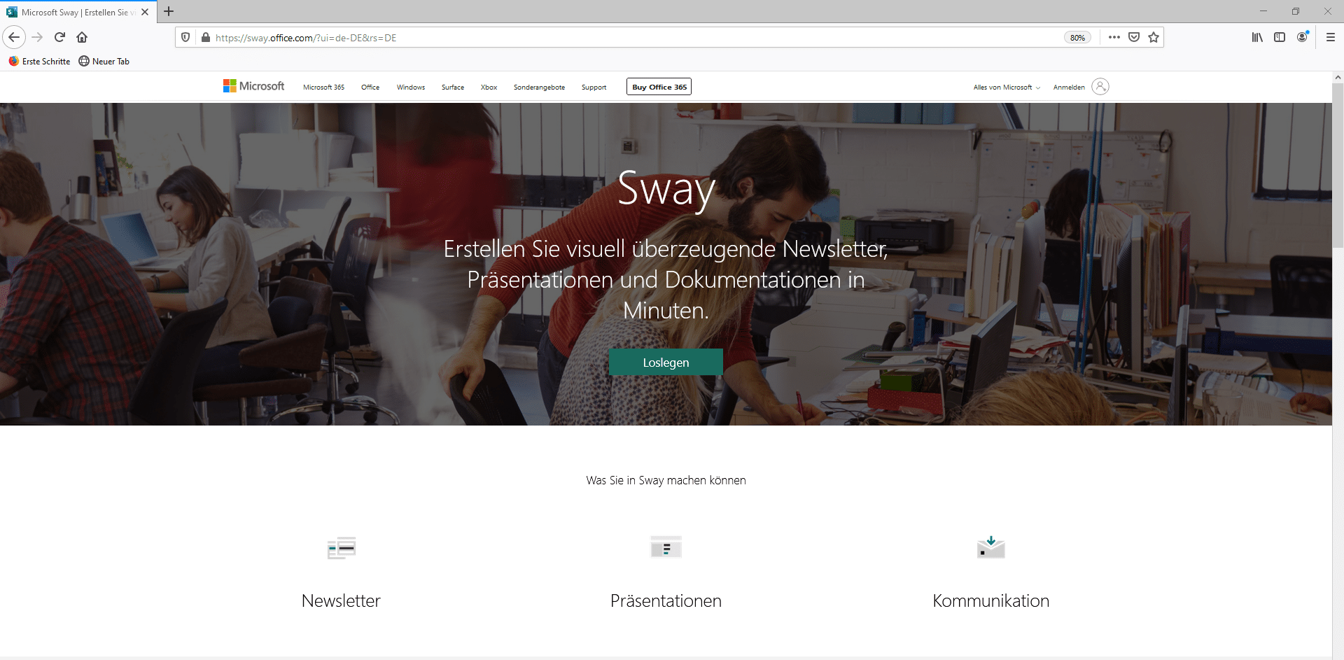 Die Landingpage von Microsoft Sway