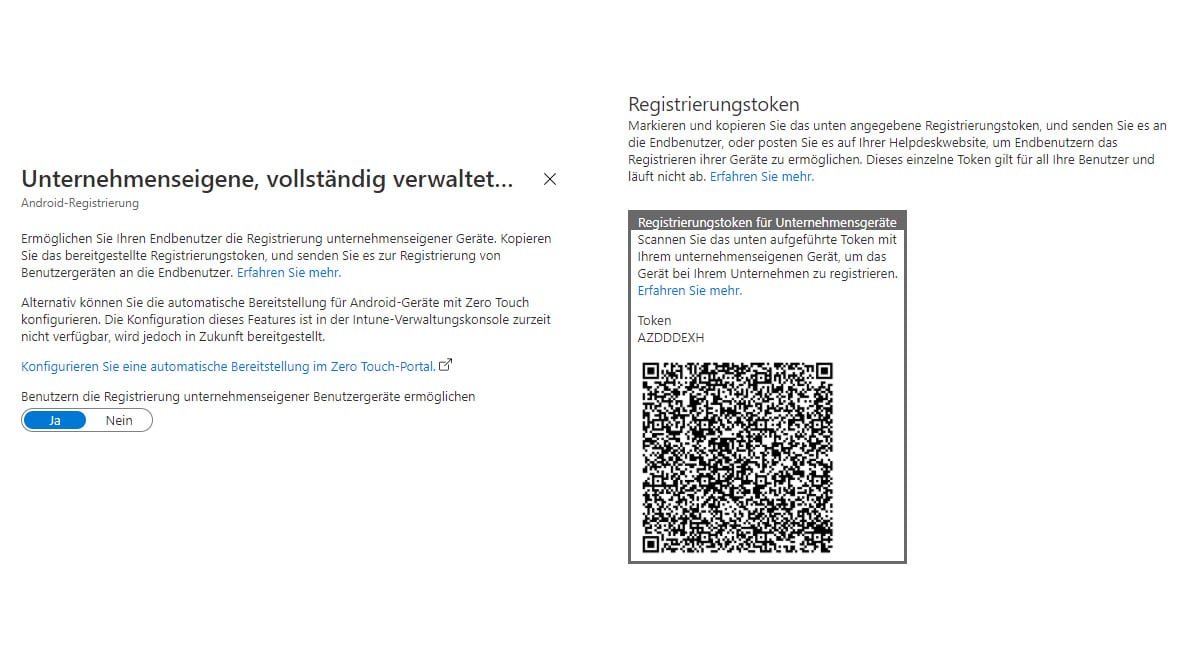 Registrierungs-Token und Verweiß auf das Zero Touch Portal