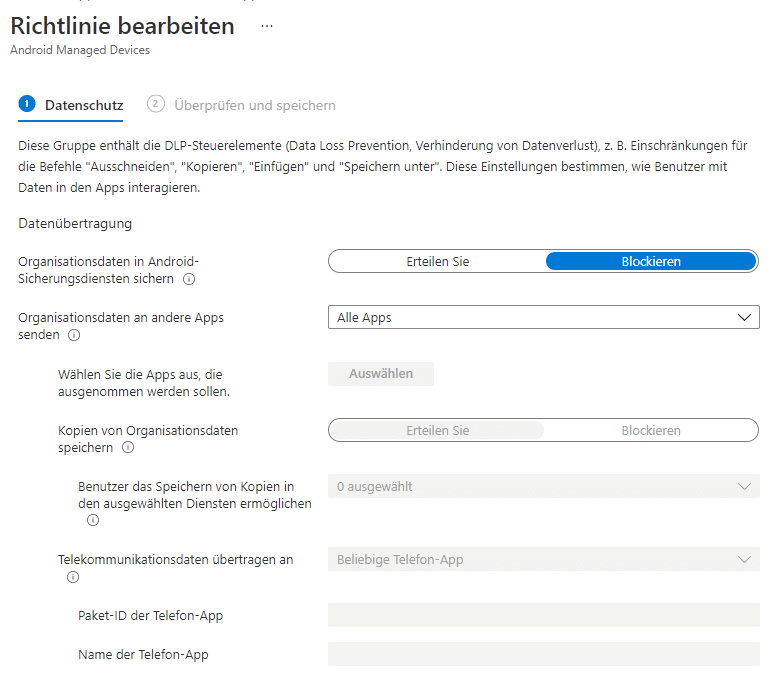 Eingabemaske für die Android Schutzrichtline in Intune