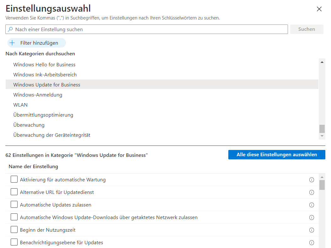 Eingabemaske des Intune Einstellungskatalogs