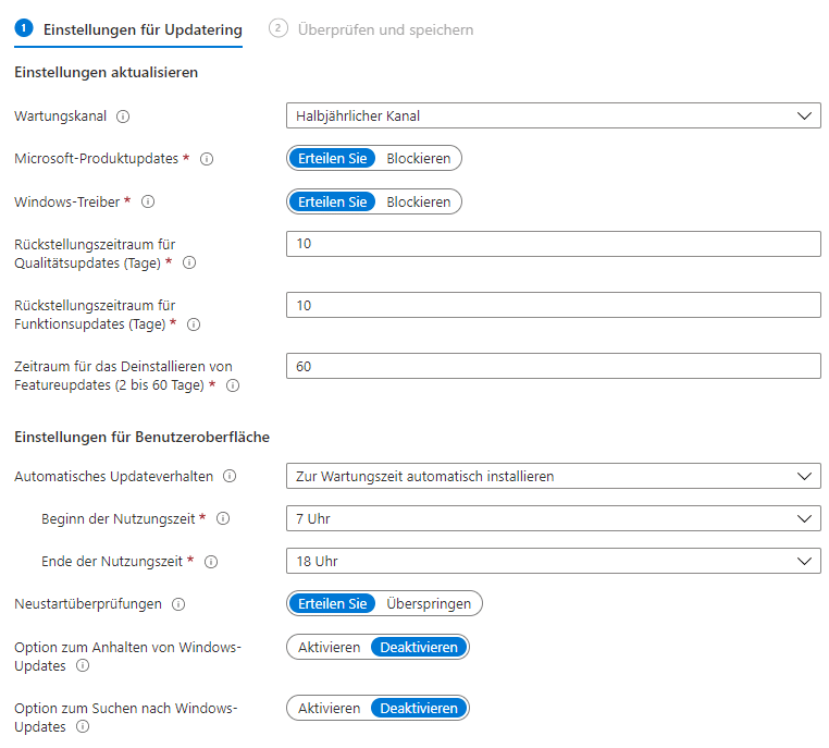 Eingabemaske für die Update Regelung