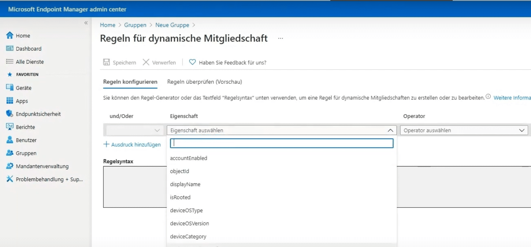 In der dynamischen Regel nach Eigenschaften filtern und anhand verschiedener Operatoren befüllen