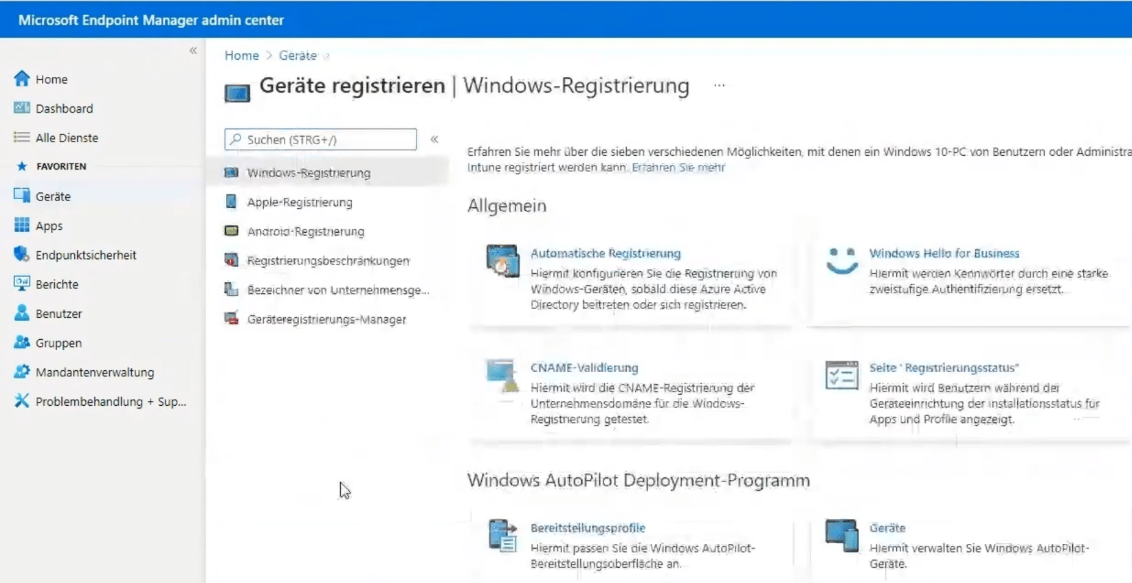 Ansicht zum registrieren der Geräte und wie man weiter vorgehen muss zum zuweisen der Profile