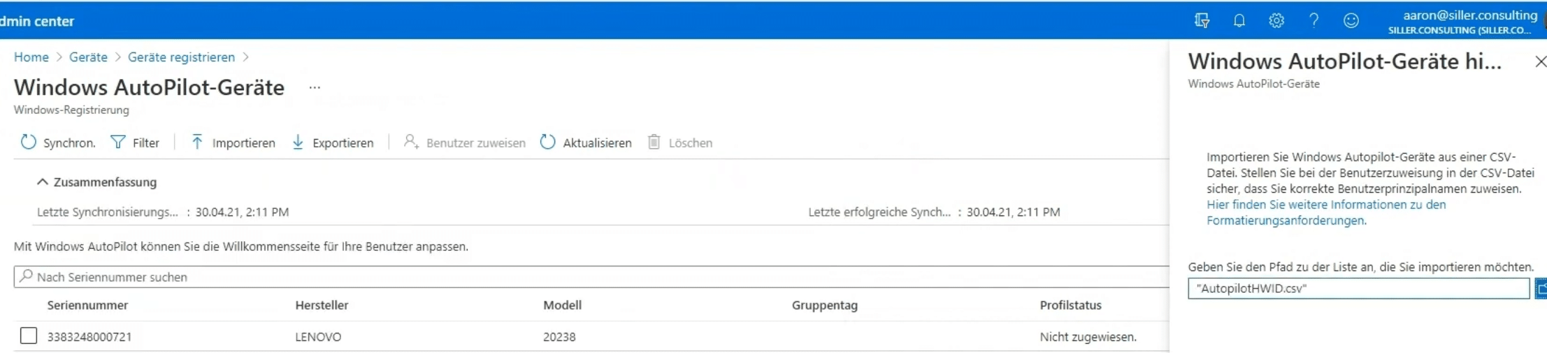 Beispiel zum importieren de Gerätes mit CSV in Autopilot