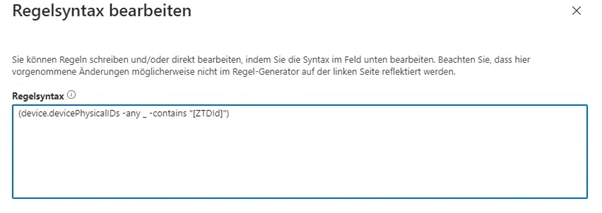 Ansicht der eingabe der Regelsyntax