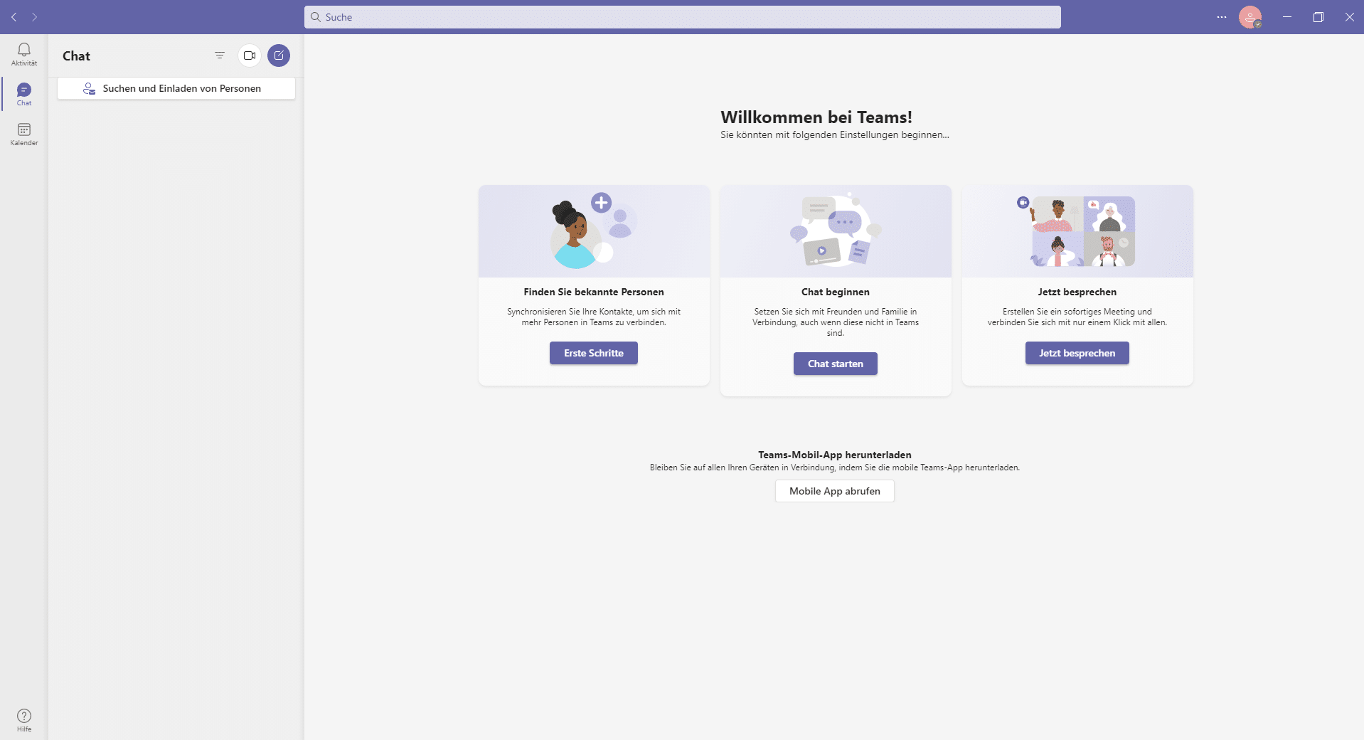 Startbildschirm von Microsoft Teams