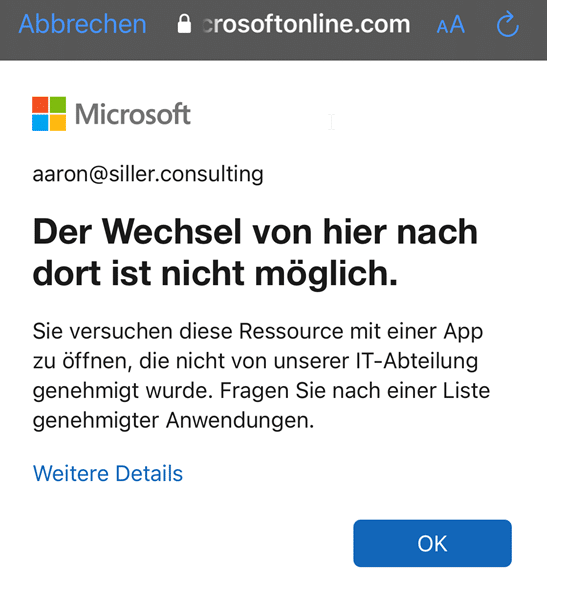 Meldung über die blockierte Öffnung von Safari in Intune