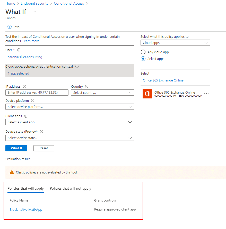 What if? zum simulieren und prüfen der Richtlinie in Intune