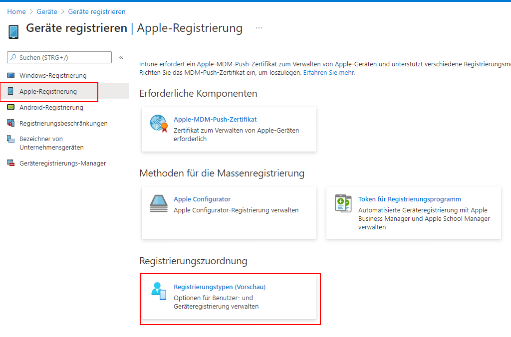 Microsoft Intune Menü welches die Registrierungszuordnung zeigt