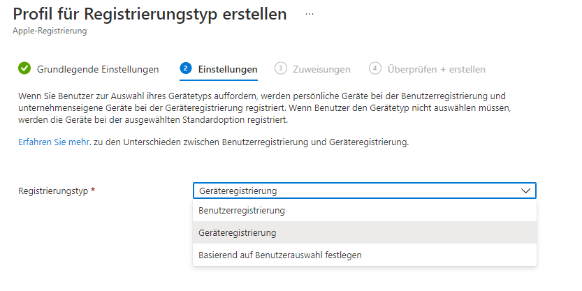 Profil für Registrierungstyp in Intune erstellen