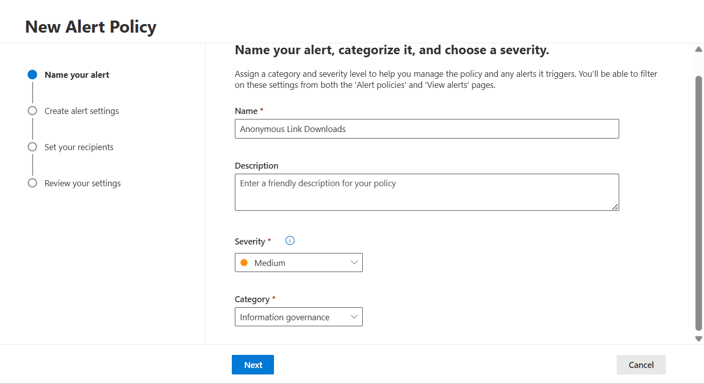 Screenshot zu Microsoft Defender XDR Neue Warnungsrichtlinien
