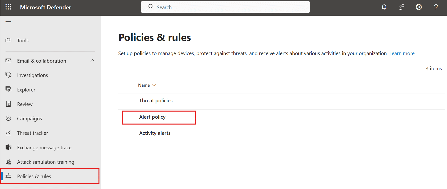 Screen zu Microsoft Defender XDR Warnungsrichtlinien policy and rules