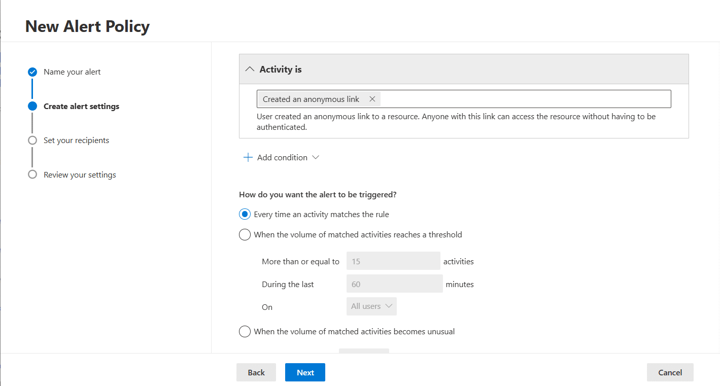 Screenshot zu Microsoft Defender XDR anonyme Links für neue Warnungsrichtlinien