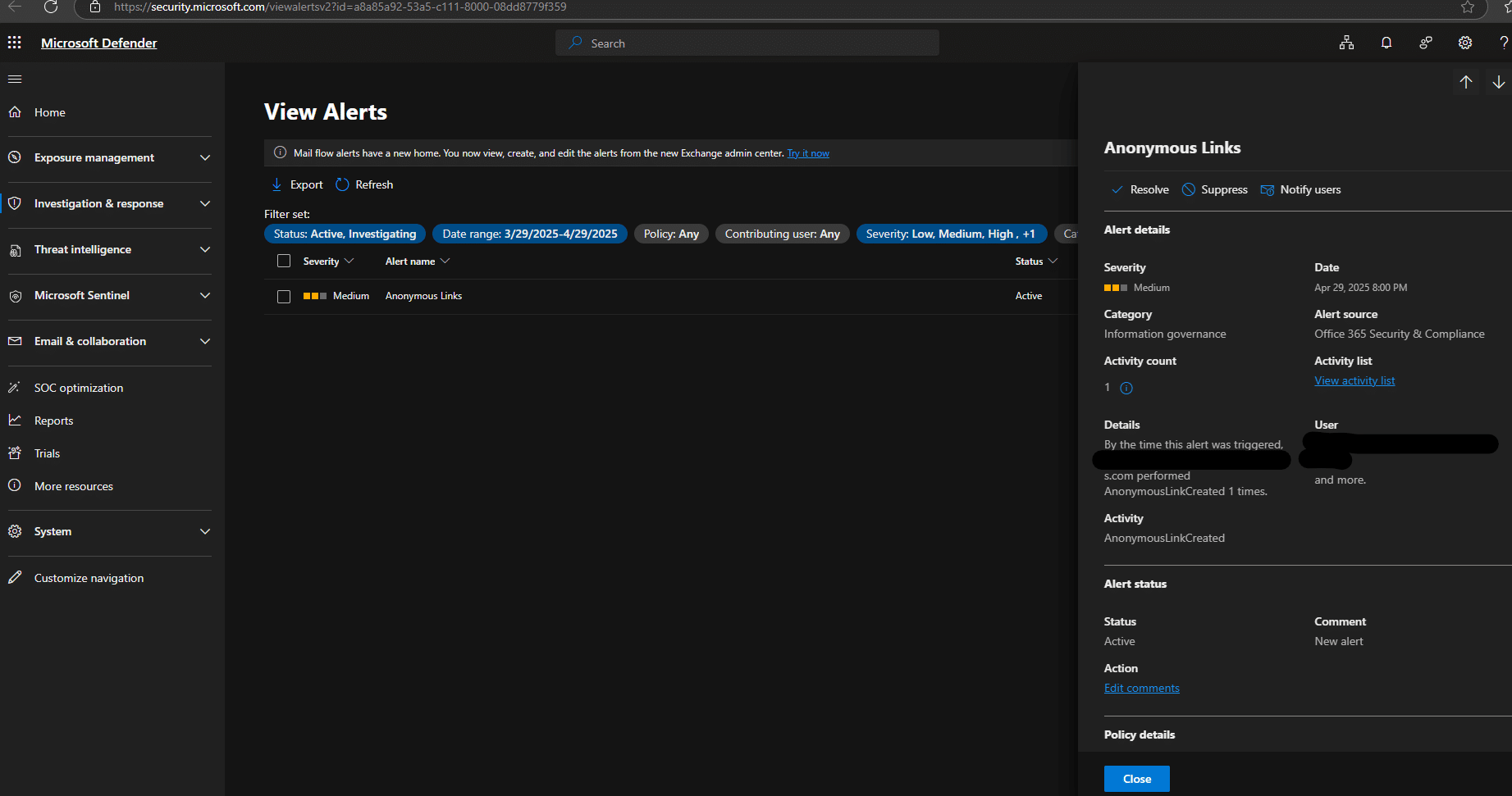 Screenshot zu Microsoft Defender XDR view alerts