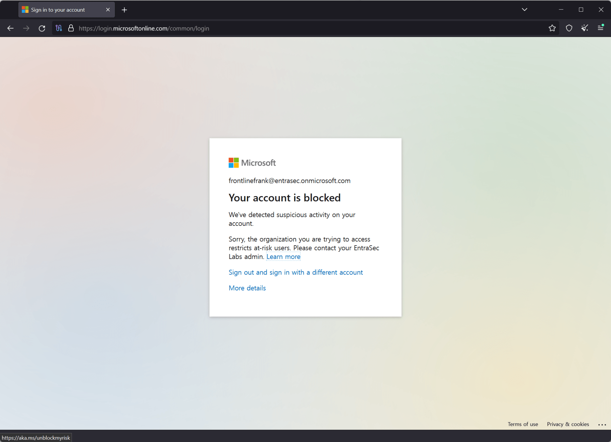 Risikobasierte Zugriffsrichtlinien Konto blockiert Screenshot zu Risikobasierte Zugriffsrichtlinien Konto blockiert