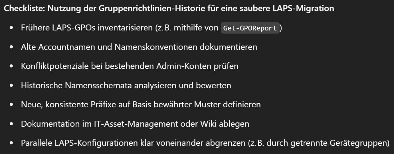 Windows LAPS Checkliste Nutzung der Gruppenrichtlinien-Historie Checkliste Nutzung der Gruppenrichtlinien-Historie