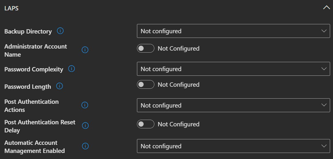 Windows LAPS Erweiterte Passphrase-Optionen Optionen zu Windows LAPS Erweiterte Passphrasen werden weiß auf schwarz angezeigt.