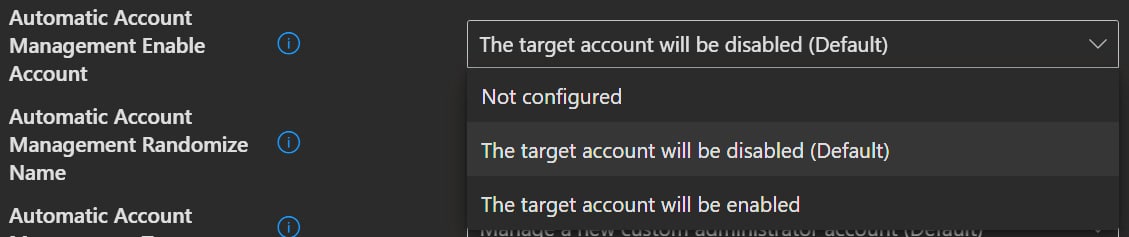 Windows LAPS Neue automatische Accountverwaltungsfeatures werden weiß auf schwarz angezeigt.
