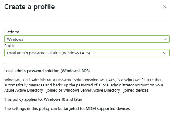 Windows LAPS create a profile Optionsauswahl zu Windows LAPS create a profile