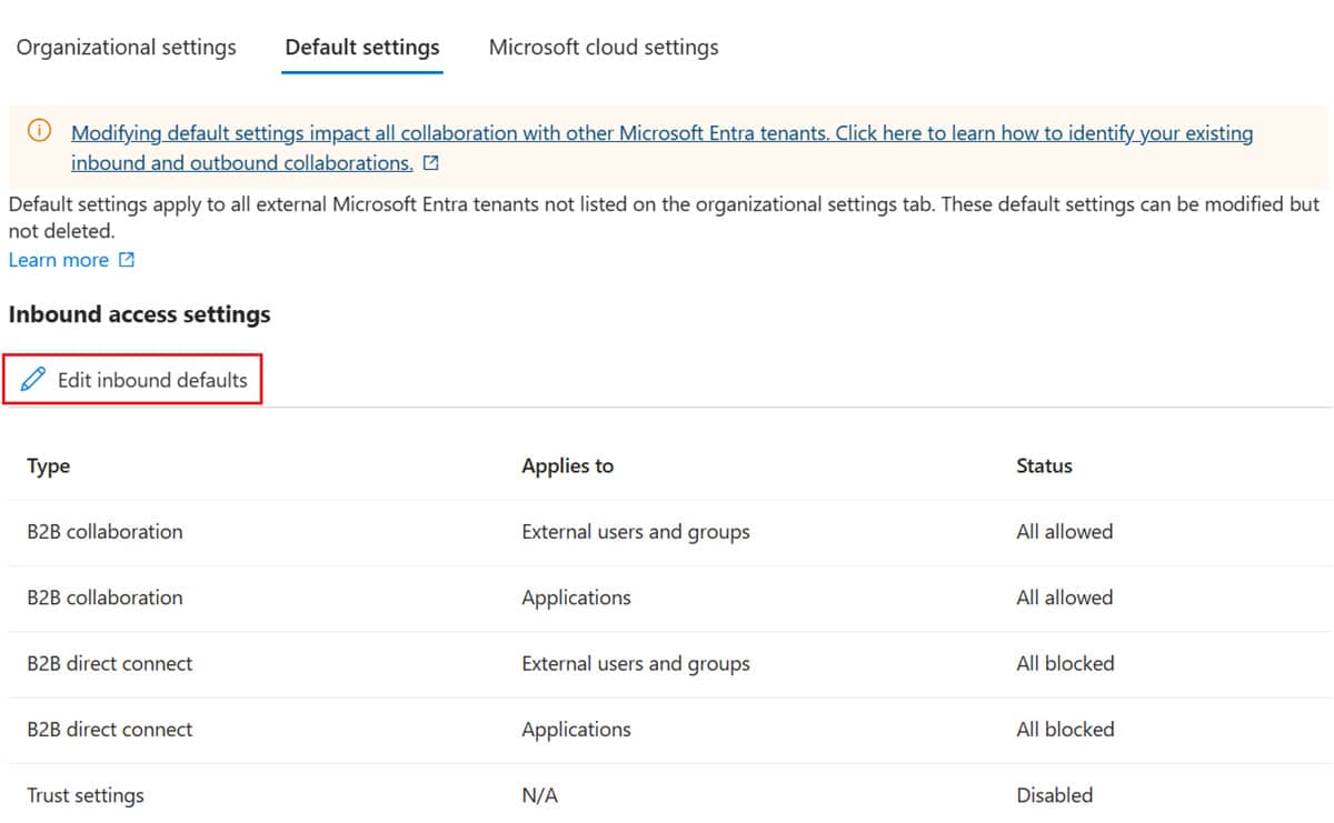Inbound Defaults Trust Settings in cross tenant