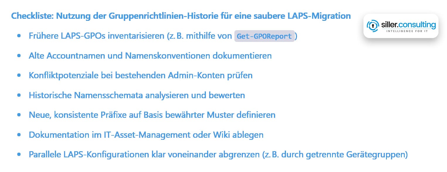 Siller Consulting Liste für Checkliste Gruppenrichtlinie Historie