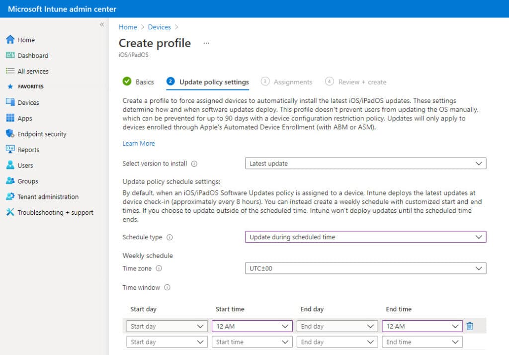 Screenshot zu iOS Updates Create profile