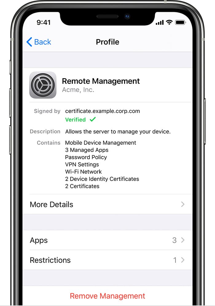 Screenshot zu den Einstellungen iOS Updates Remote Management