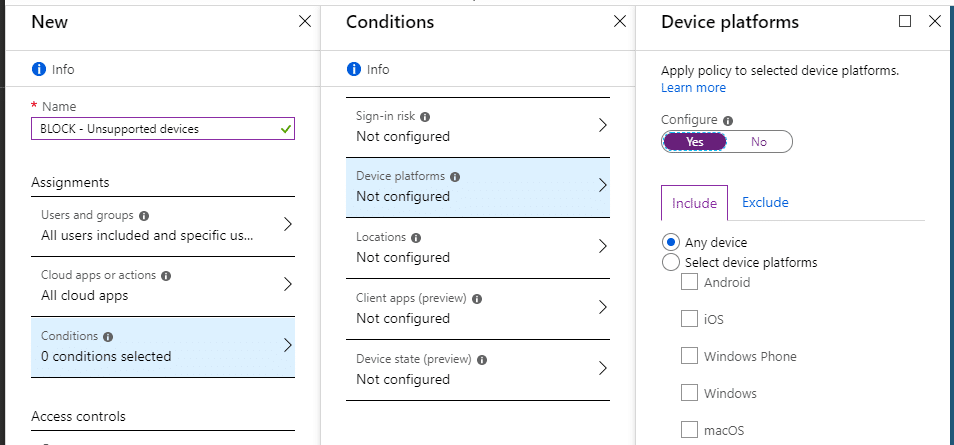 Screenshot zu Conditional Access Best Practices Block unsupported devices