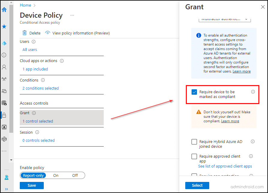 Screenshot zu Conditional Access Best Practices Device policy