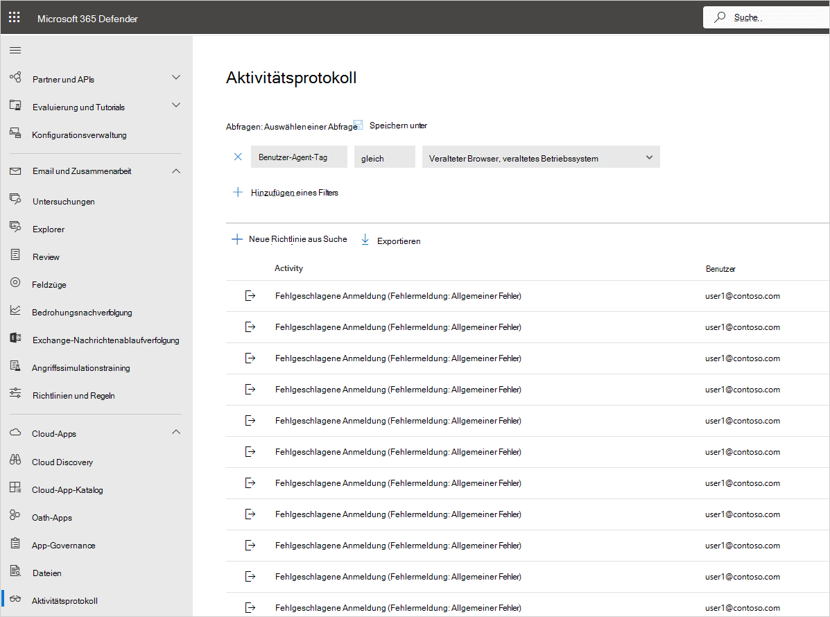 Screenshot zu Defender for Cloud Apps Aktivitätsprotokoll