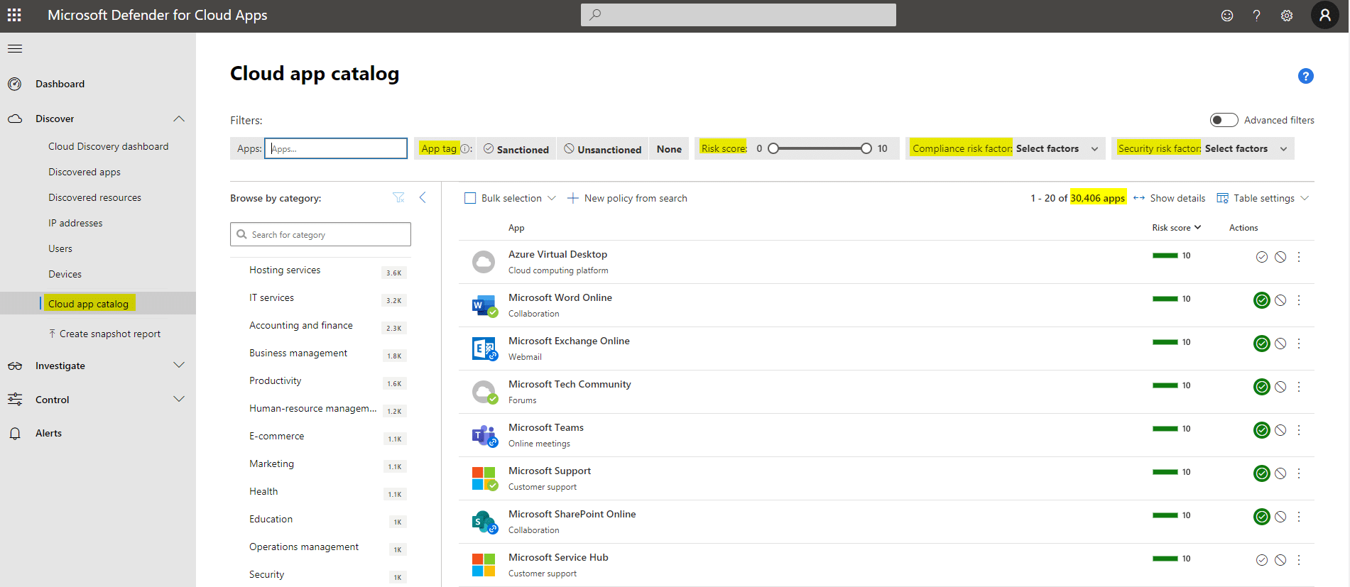 Screenshot zu Defender for Cloud Apps Cloud App Catalog