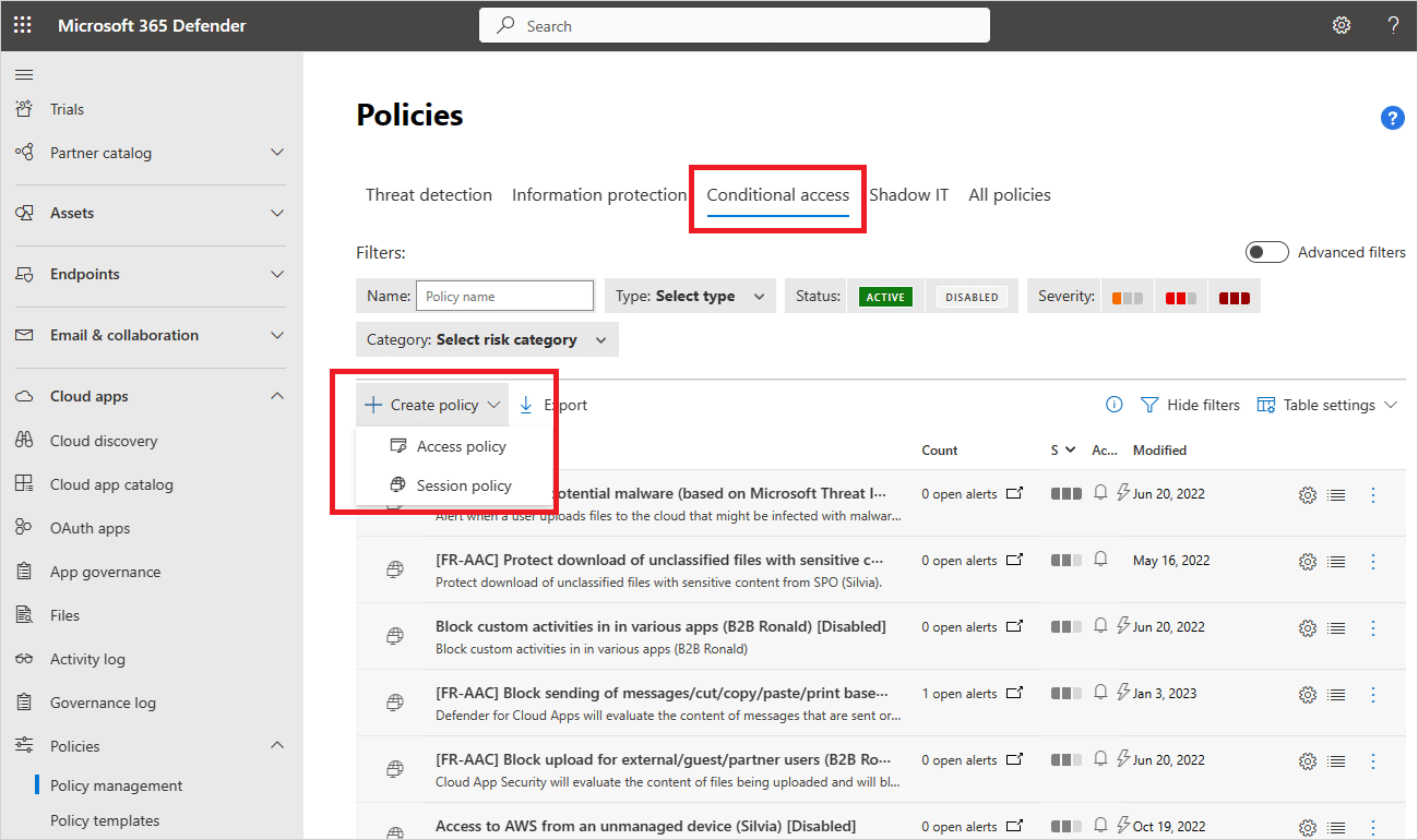 Screenshot zu Defender for Cloud Apps Conditional Access Richtlinien