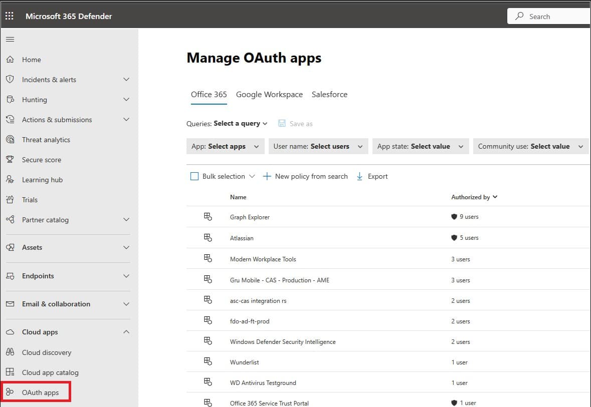 Screesnhot zu Defender for Cloud Apps Manage OAuth Apps