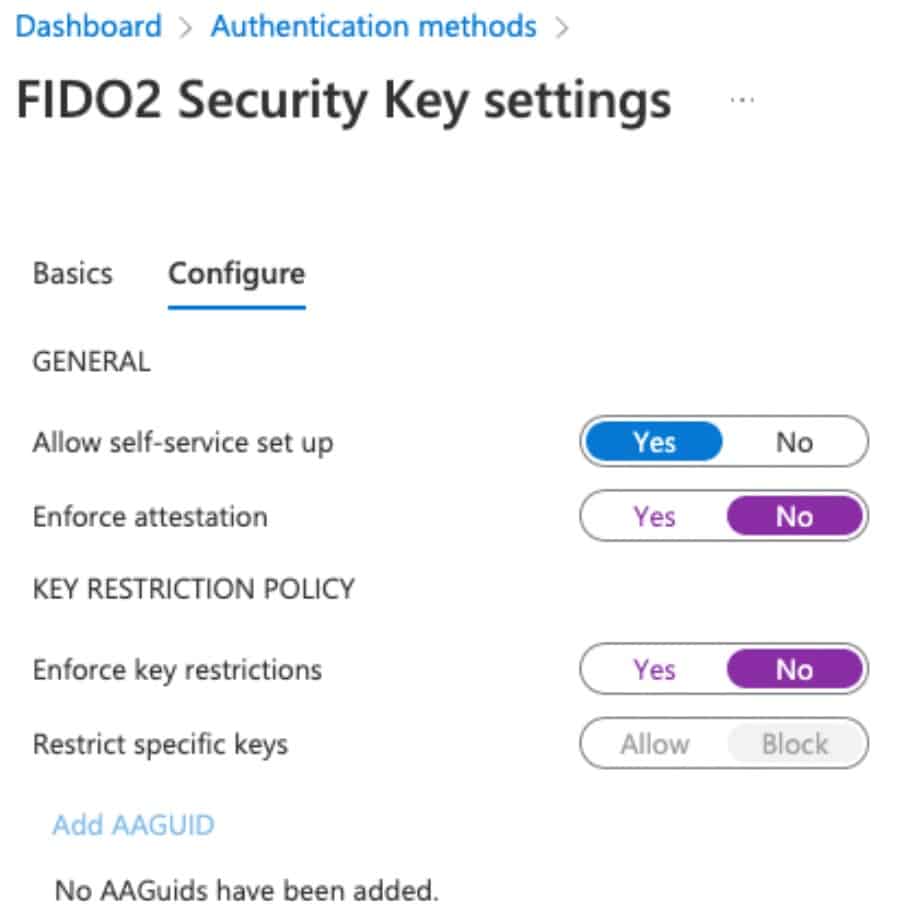 Screenshot zu Entra ID Best Practices FIDO2 Security Key Settings
