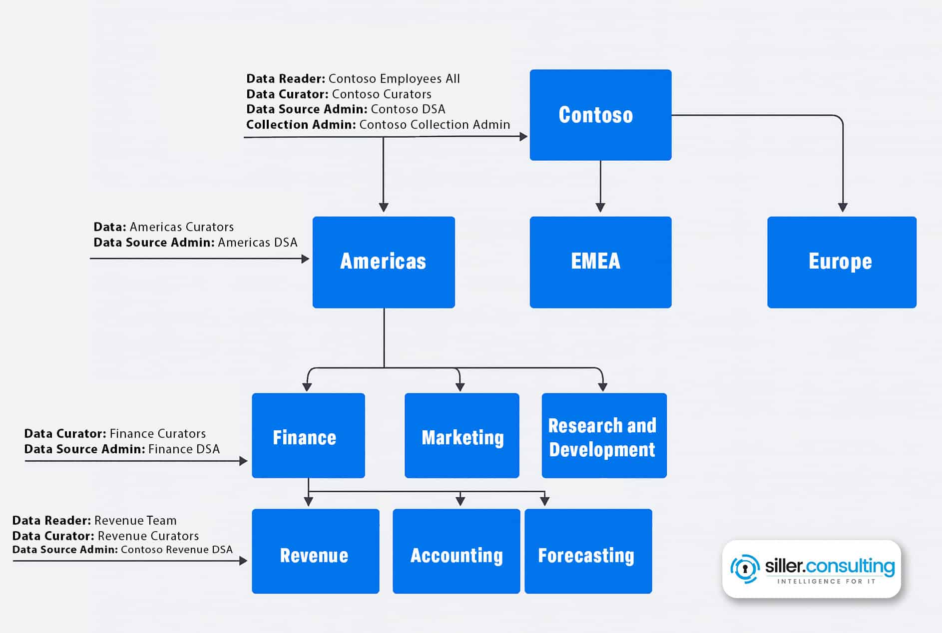 Siller Infografik zu Microsoft Purview Berechtigungen Beispiele