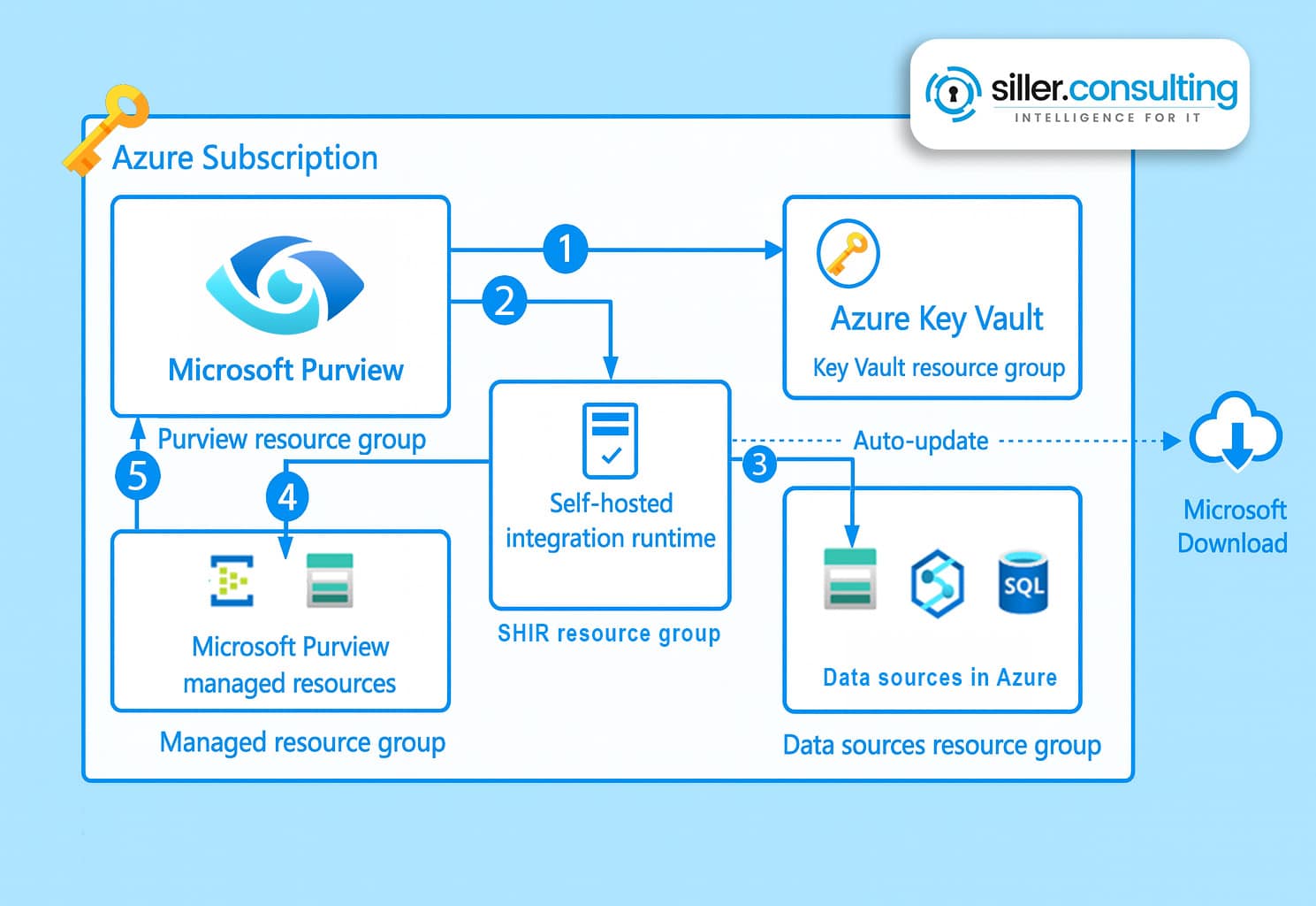 Siller Infografik zu Microsoft Purview Berechtigungen Integration