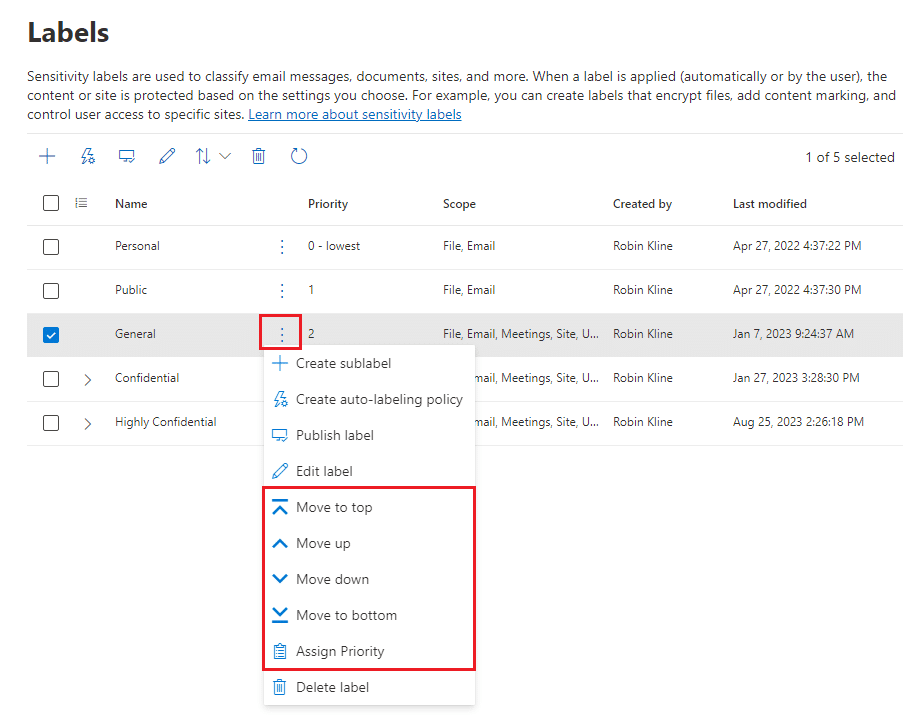 Screenshot zu Microsoft Purview Berechtigungen Sensitivity Labels
