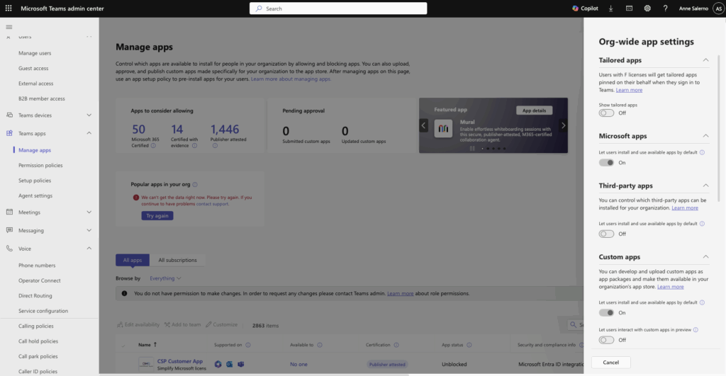 Organisationsweite Einstellung Teams