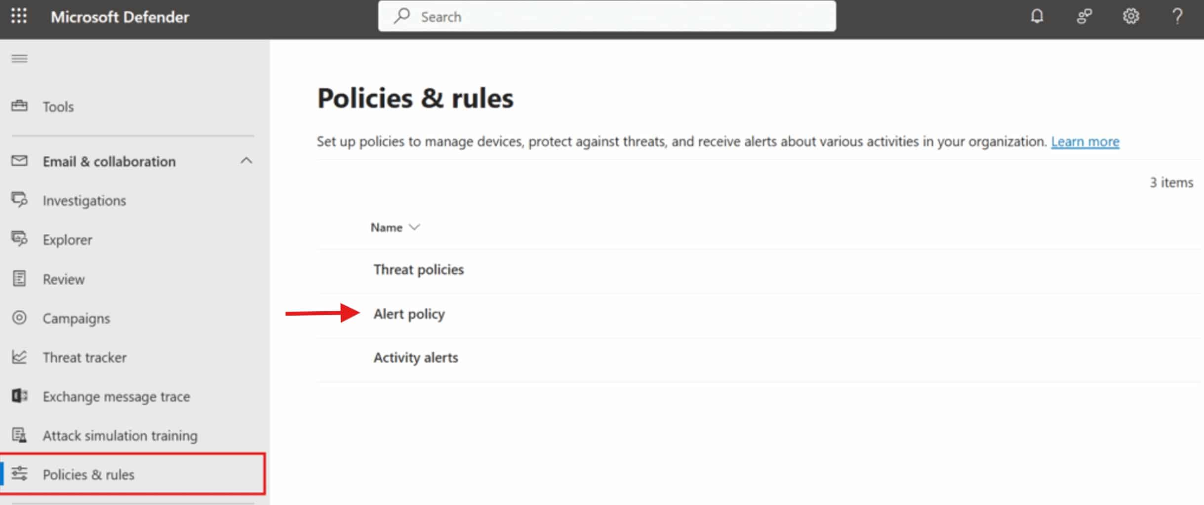 Screenshot zu Warnungsrichtlinien und Regeln