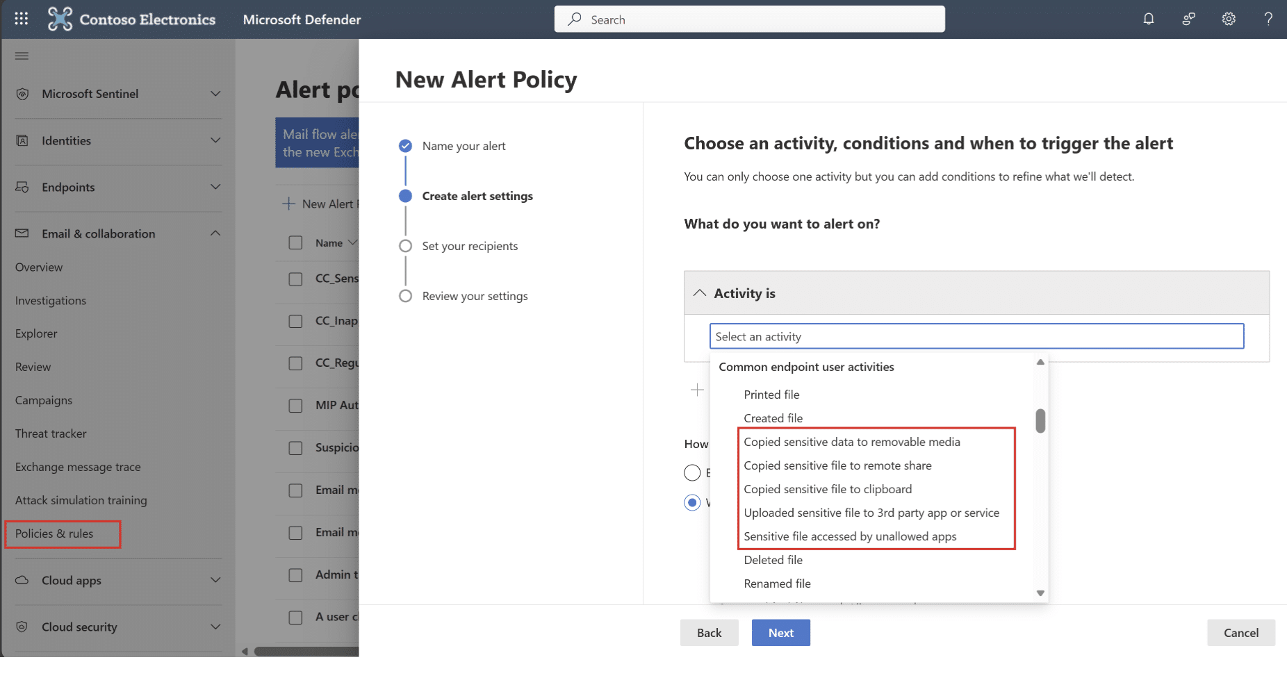 Sensible Datenalarmierung in Defender