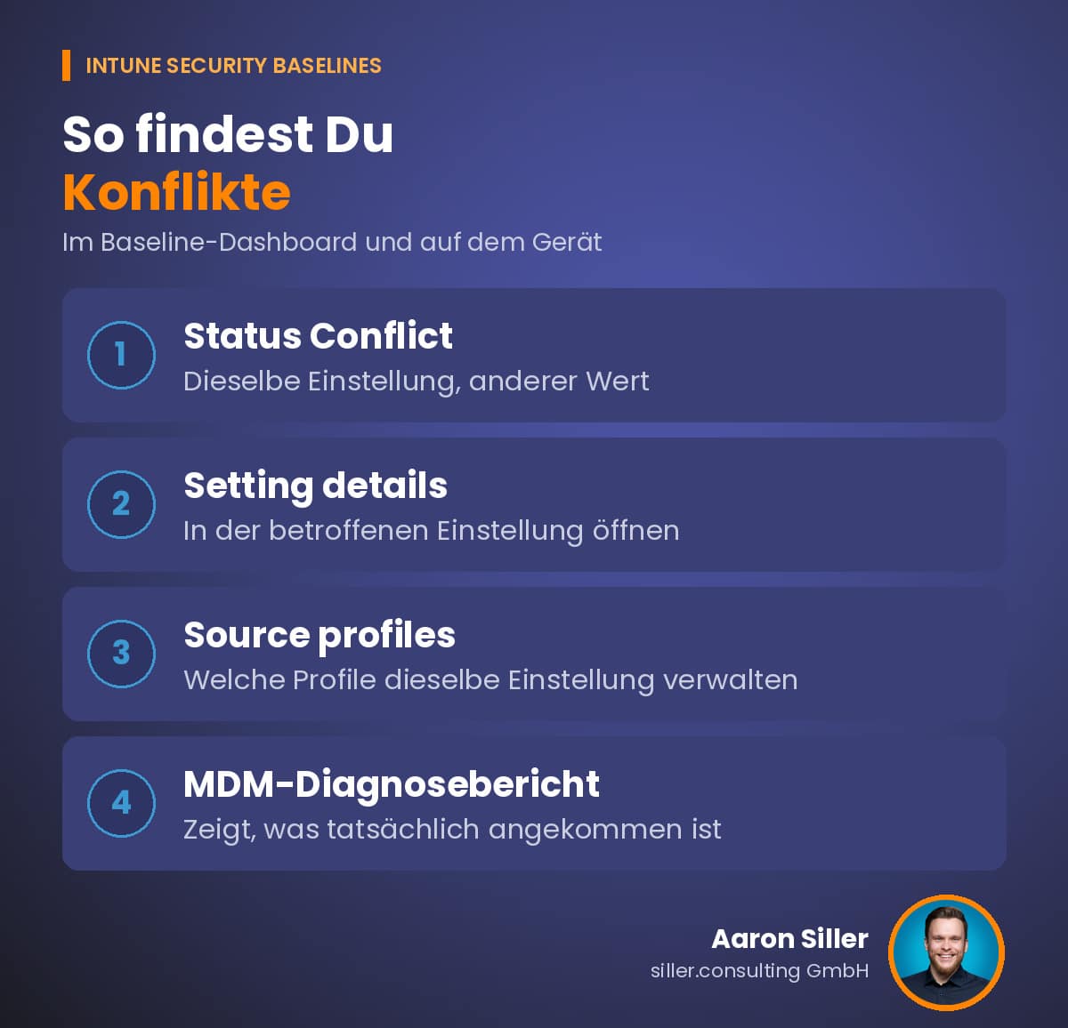 Baseline-Konflikte finden Infografik: Konflikte bei Intune Security Baselines finden, Status Conflict, Setting details, Source profiles und MDM-Diagnosebericht